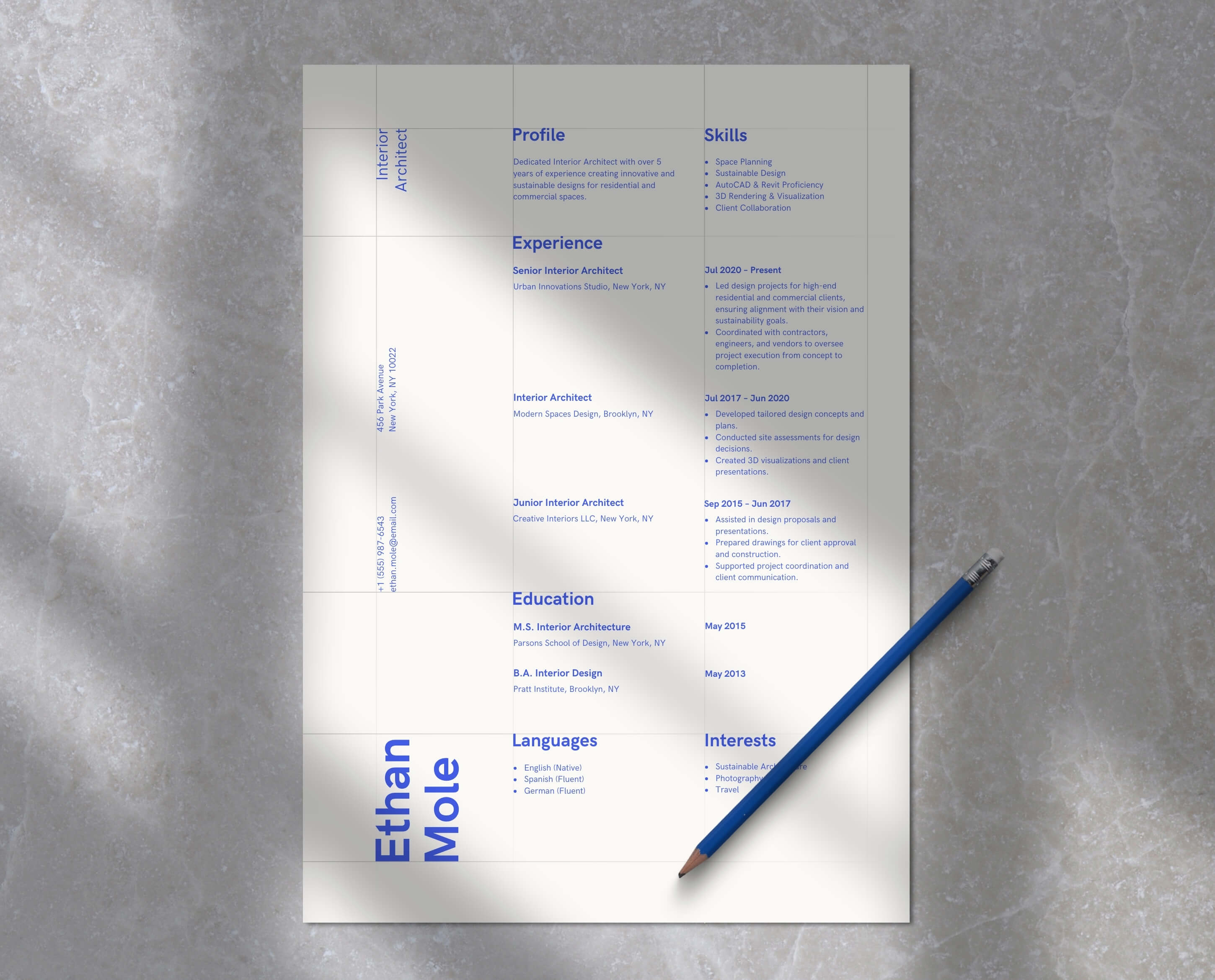 Interior Architect Resume · Customizable Template